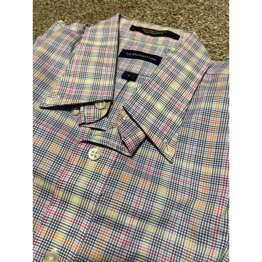Jon Michael Cane Mens Lg Multicolor Plaid Cotton Wrinkle Free Button Down Shirt